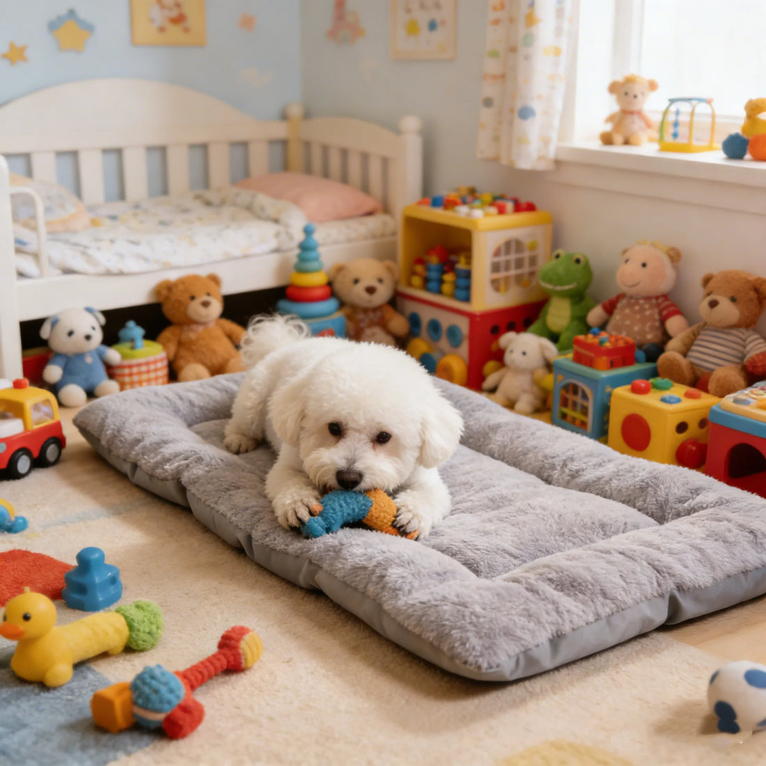 White dog lying on the gray tufted Cloud Sofa Bed in a playroom