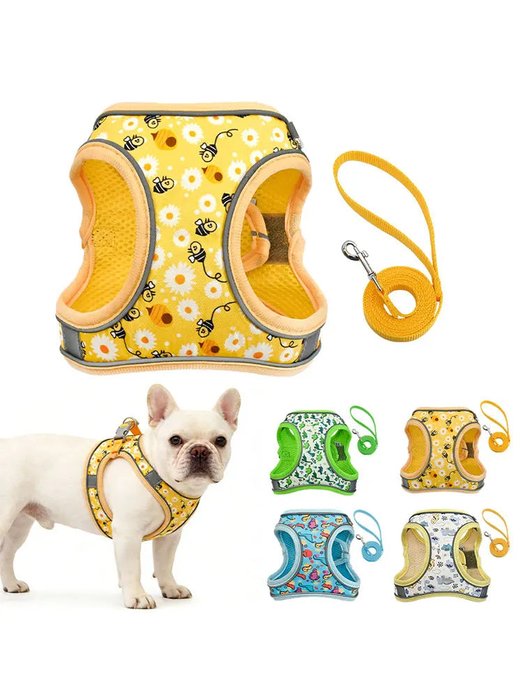 DH009Cartoon-Dog harness and leash set features a breathable honeycomb mesh design to prevent overheating and sweating.