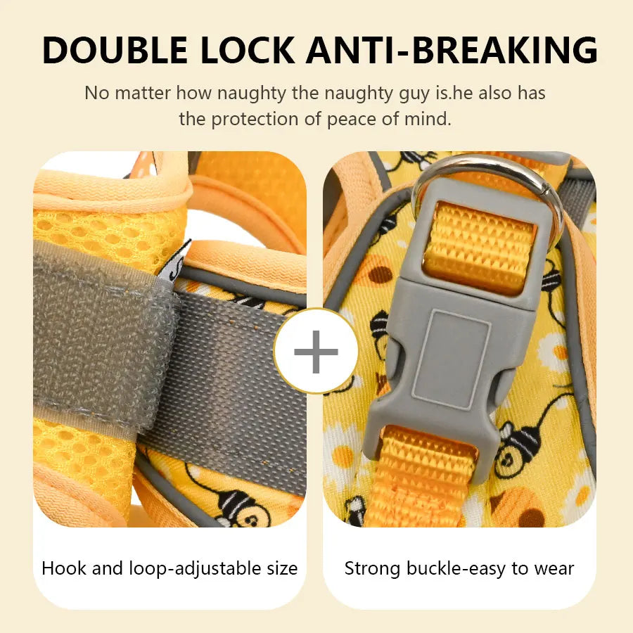 DH009Cartoon-Dog harness and leash set features a breathable honeycomb mesh design to prevent overheating and sweating.