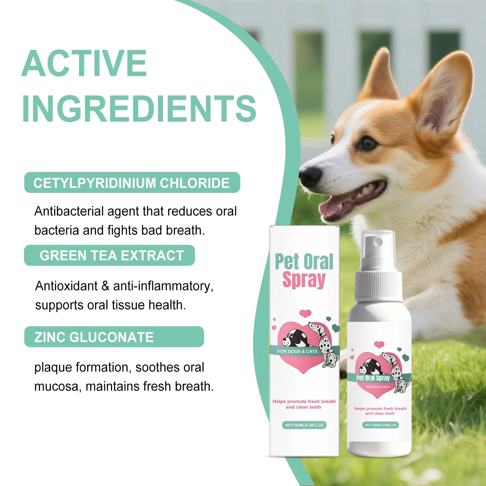 Pet Oral Spray for Dogs & Cats – Teeth Cleaning Deodorant, Removes Plaque & Tartar Freshens Breath Daily Dental Care Spray 100ml