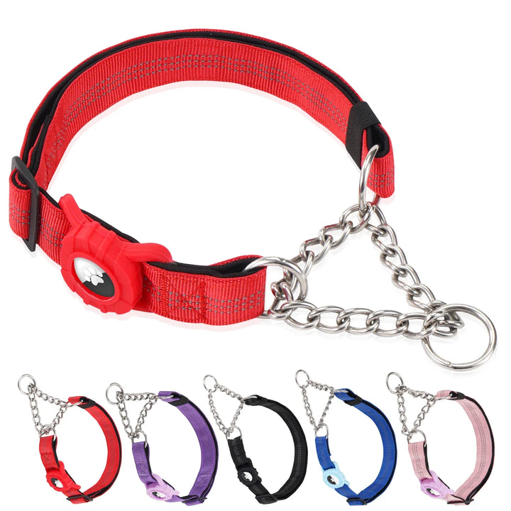 Dog Collar with Air Tag Holder, Reflective Soft Padded No Pull Training Collars Adjustable Stainless Steel Chain Collar
