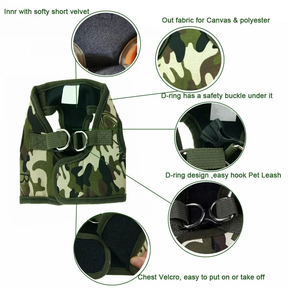 Dog Harness Leash Set Cute Army Small Dog Harness Cats Walking Chest Vest Canvas Pets Puppy Harness For Autumn Winter Spring