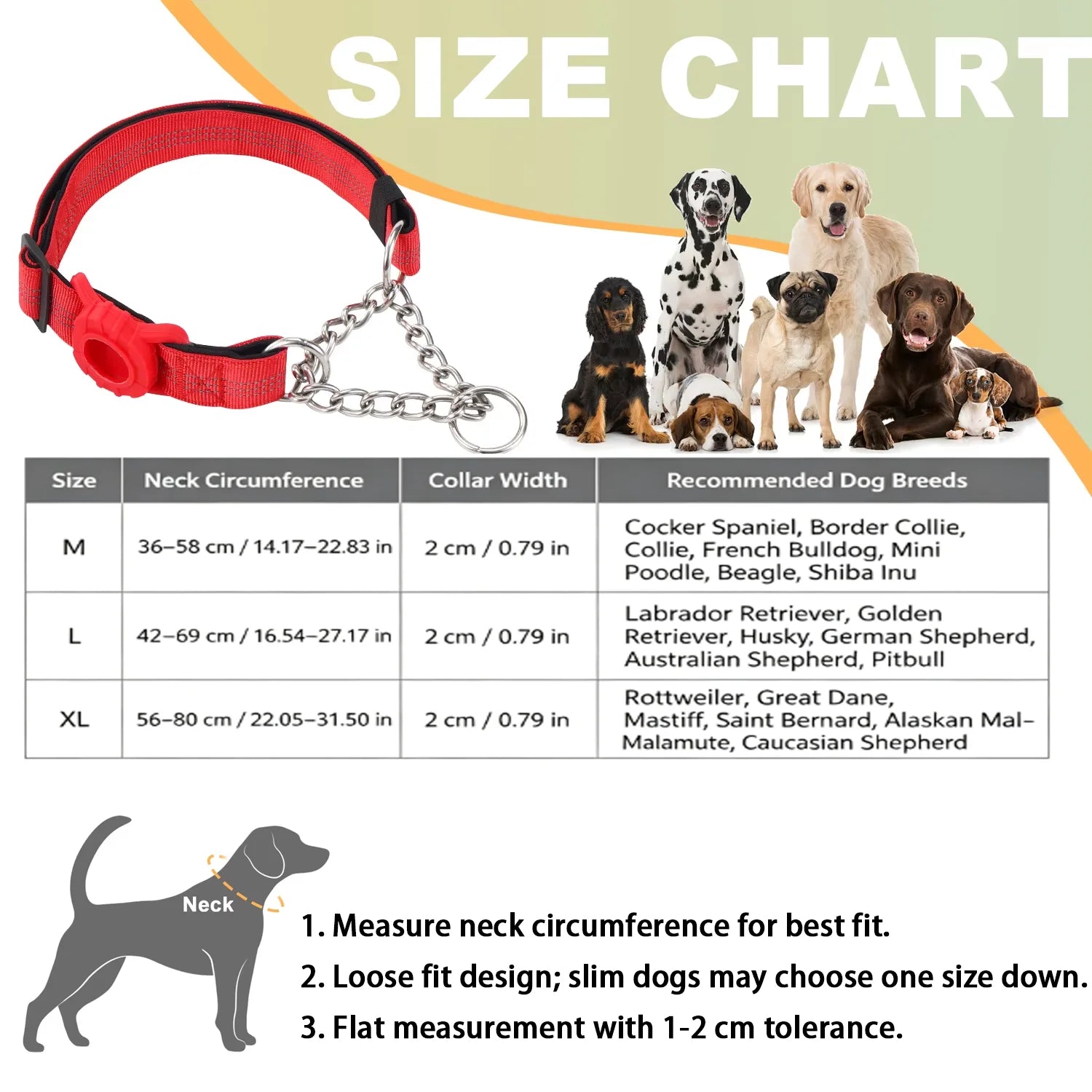 Dog Collar with Air Tag Holder, Reflective Soft Padded No Pull Training Collars Adjustable Stainless Steel Chain Collar