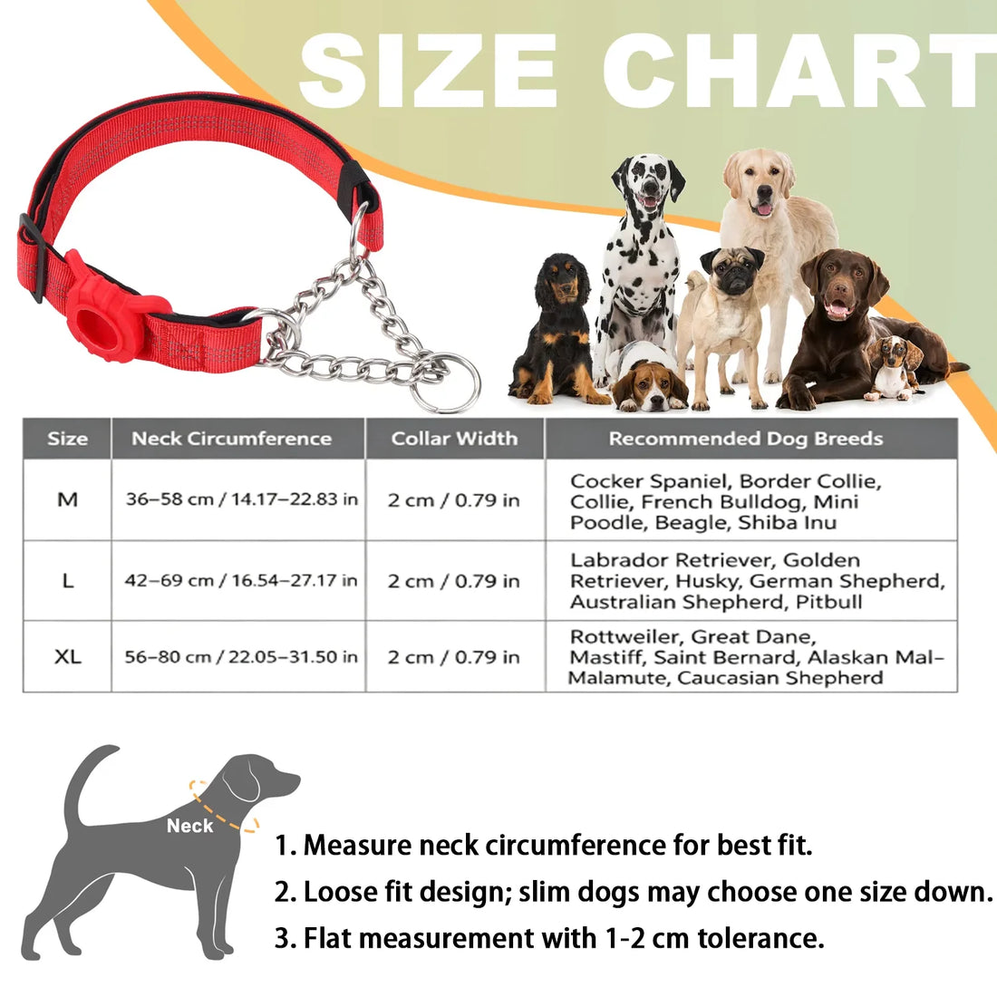 Dog Collar with Air Tag Holder, Reflective Soft Padded No Pull Training Collars Adjustable Stainless Steel Chain Collar