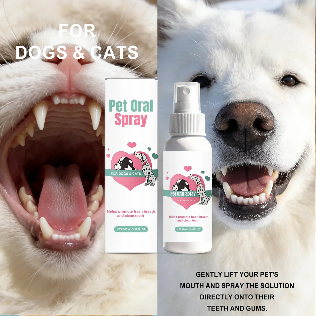Pet Oral Spray for Dogs & Cats – Teeth Cleaning Deodorant, Removes Plaque & Tartar Freshens Breath Daily Dental Care Spray 100ml
