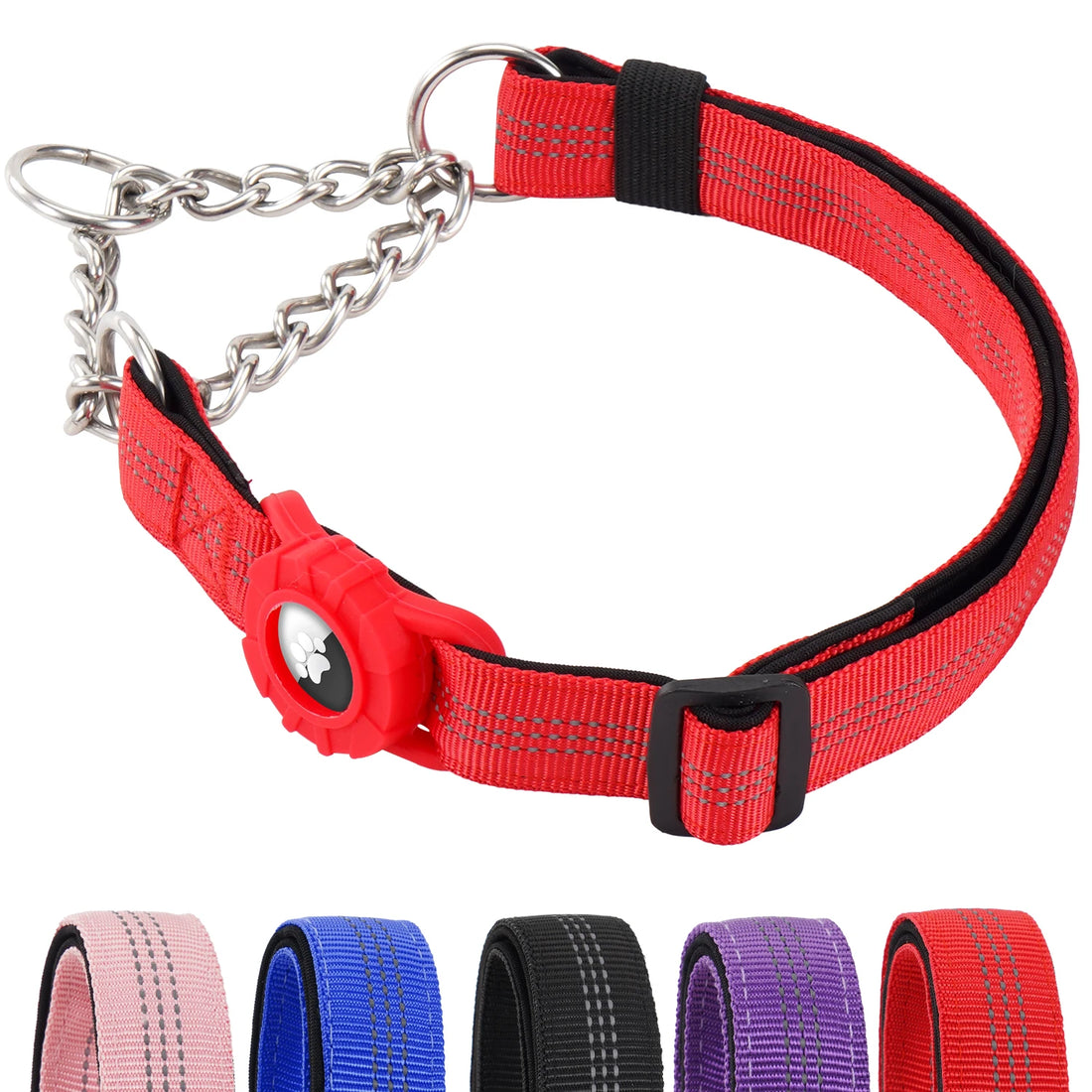 Dog Collar with Air Tag Holder, Reflective Soft Padded No Pull Training Collars Adjustable Stainless Steel Chain Collar
