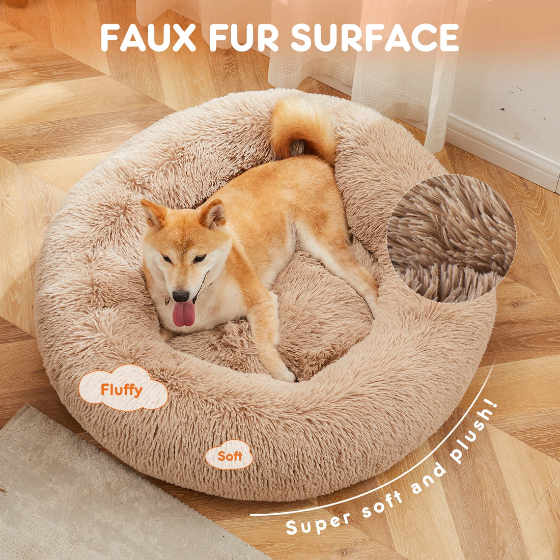 Shiba Inu resting in the tan coral fleece donut Calming Nest bed, 'super soft and plush' callouts