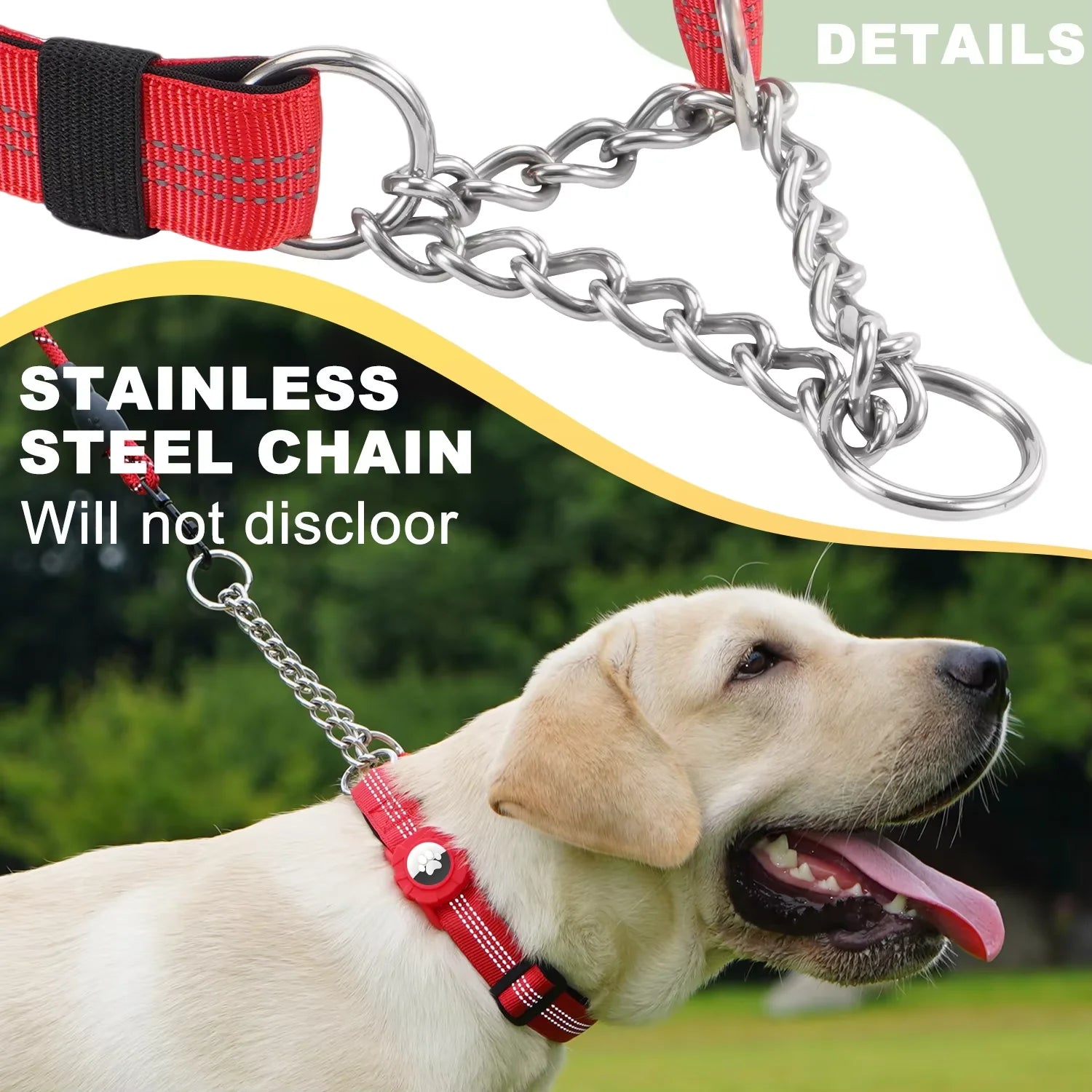 Dog Collar with Air Tag Holder, Reflective Soft Padded No Pull Training Collars Adjustable Stainless Steel Chain Collar