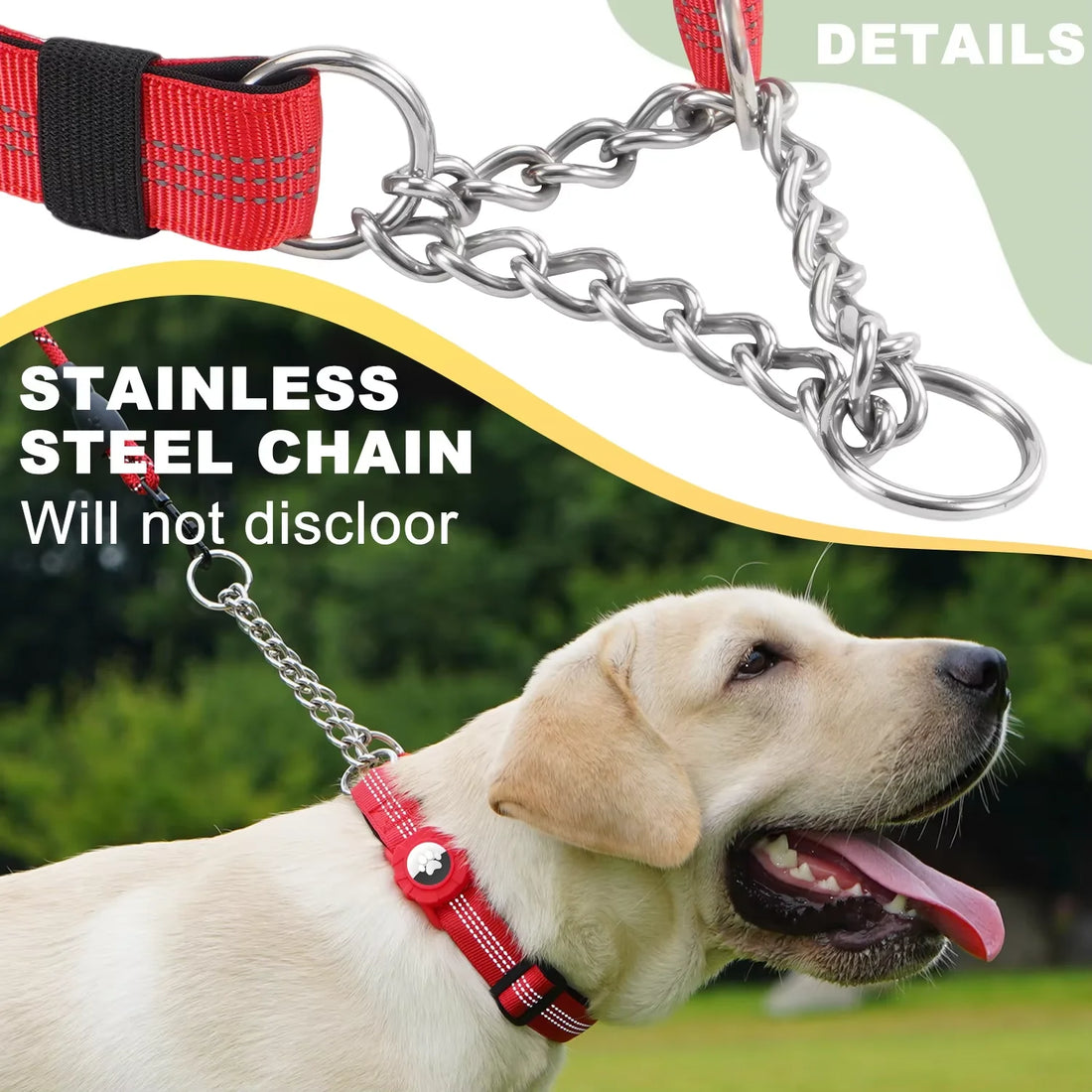 Dog Collar with Air Tag Holder, Reflective Soft Padded No Pull Training Collars Adjustable Stainless Steel Chain Collar