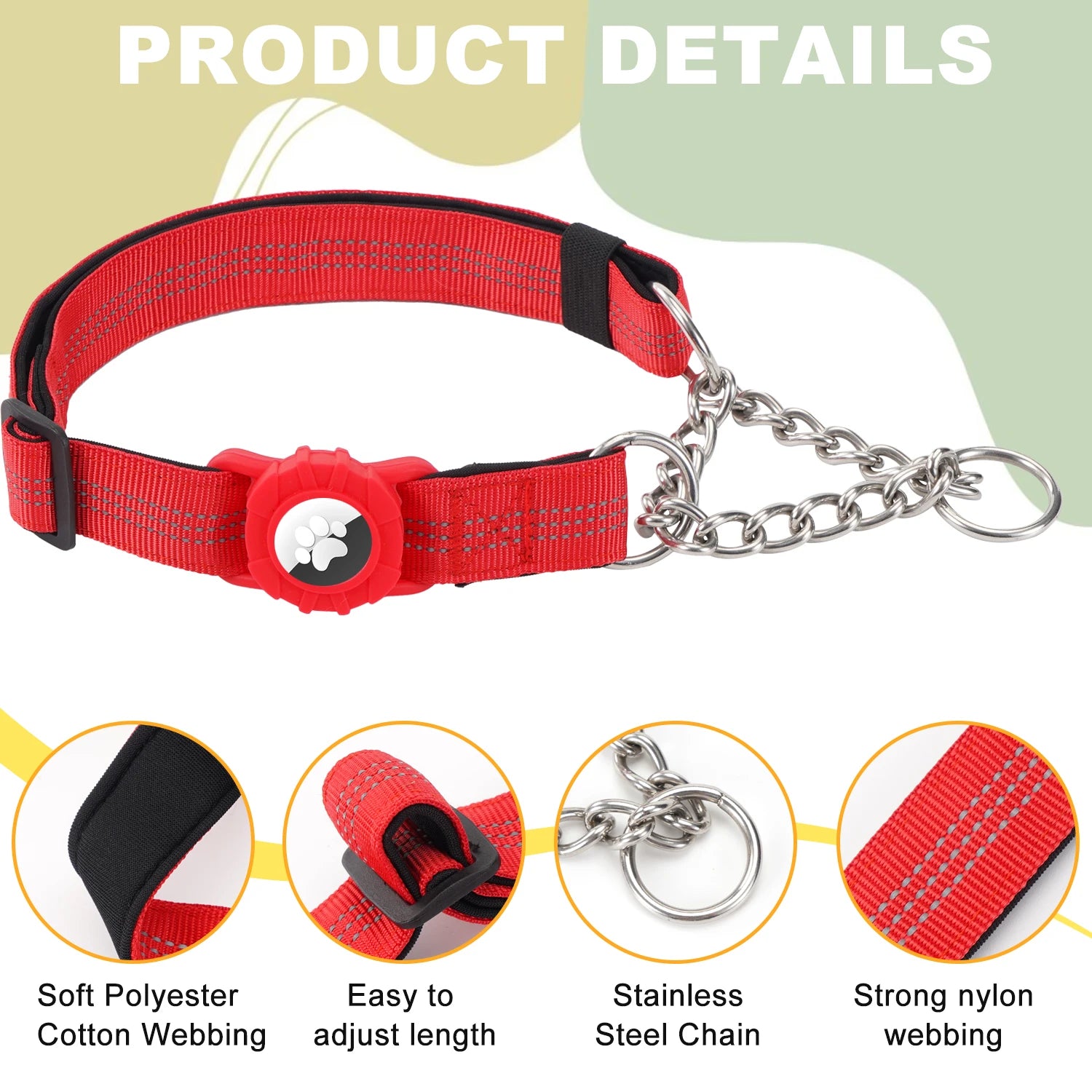 Dog Collar with Air Tag Holder, Reflective Soft Padded No Pull Training Collars Adjustable Stainless Steel Chain Collar