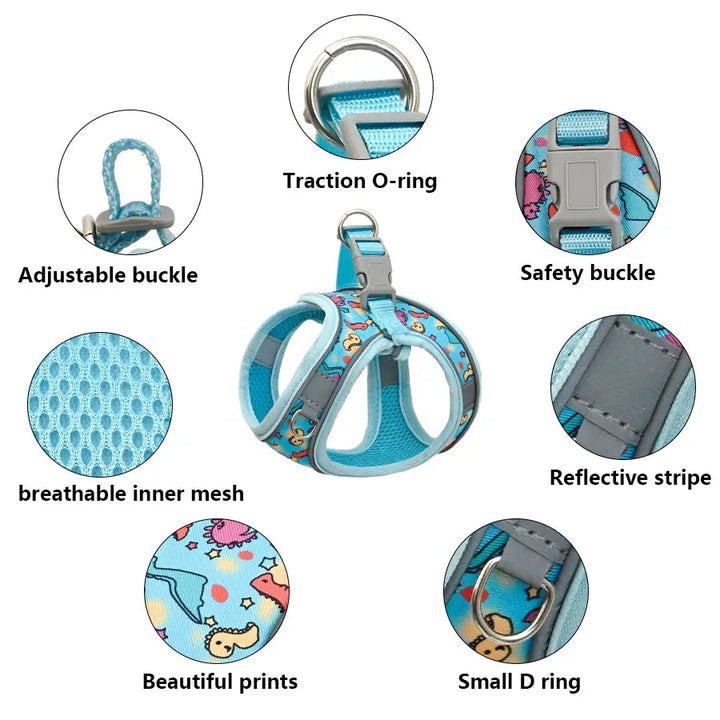 DH009Cartoon-Dog harness and leash set features a breathable honeycomb mesh design to prevent overheating and sweating.