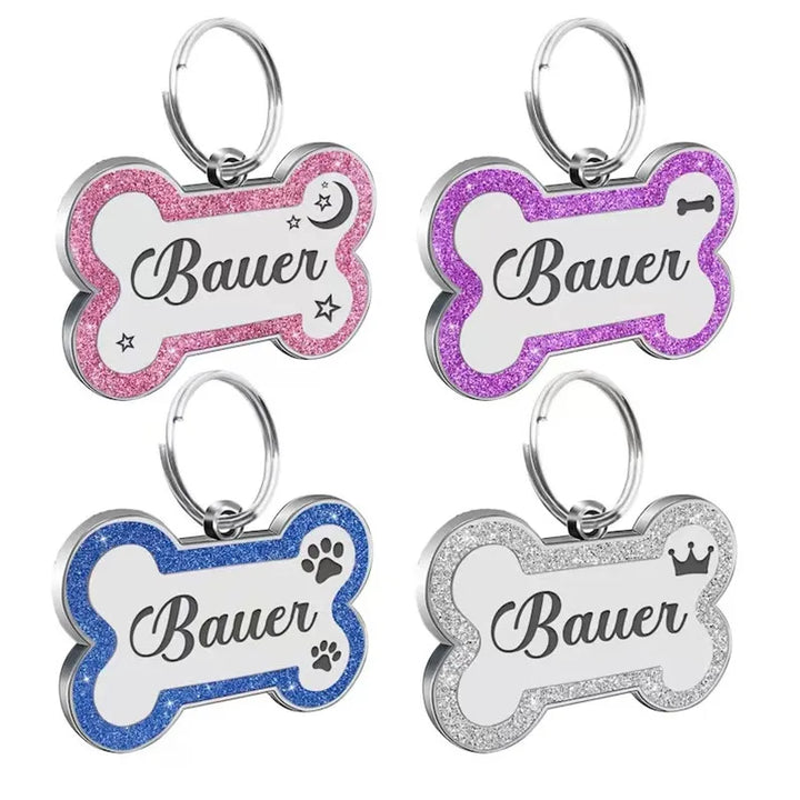 Custom Double Side Dog Cat ID Tag Glitter Dogs Cats Name Pendant Tags Pet Collar Accessories Anti-lost Bone Tags for Dog Cat